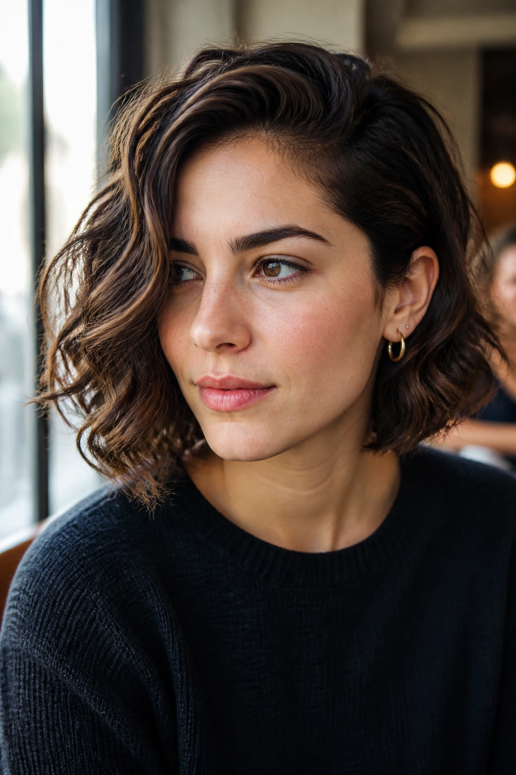Close-up of a real woman with side-swept bob waves