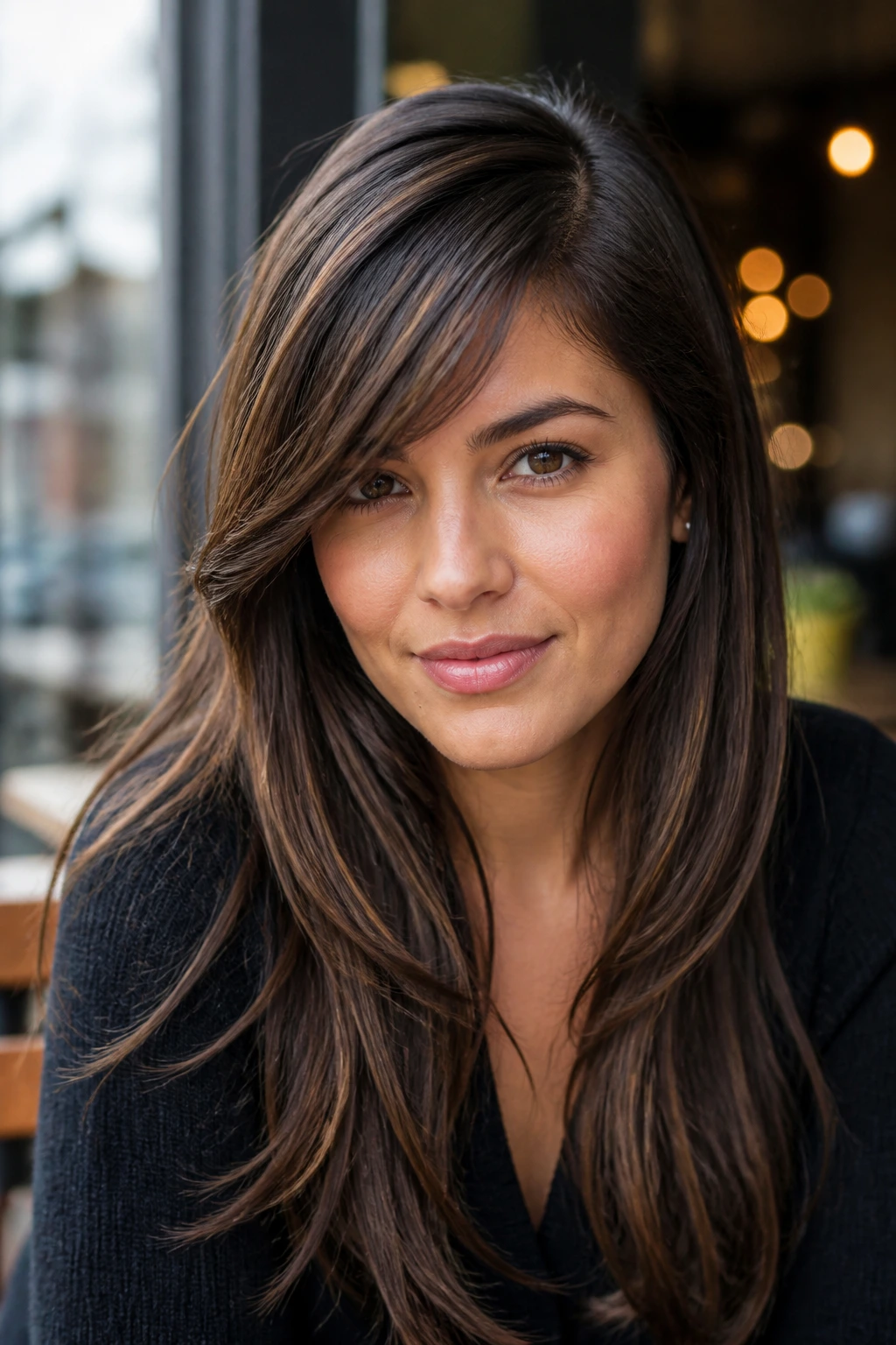 Portrait of a real woman with side-swept bottleneck bangs and deep part