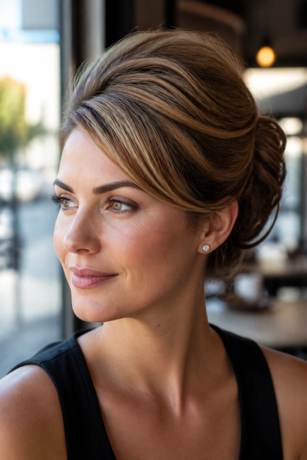 Close-up portrait of a real woman with a side-swept bouffant updo