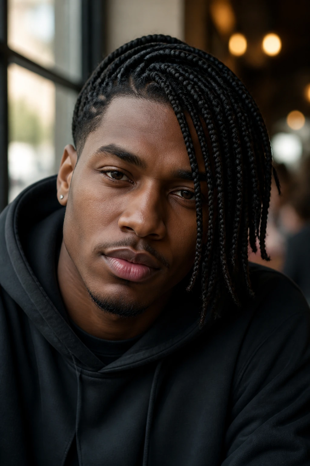 Real man with side-swept box braids framing the face.