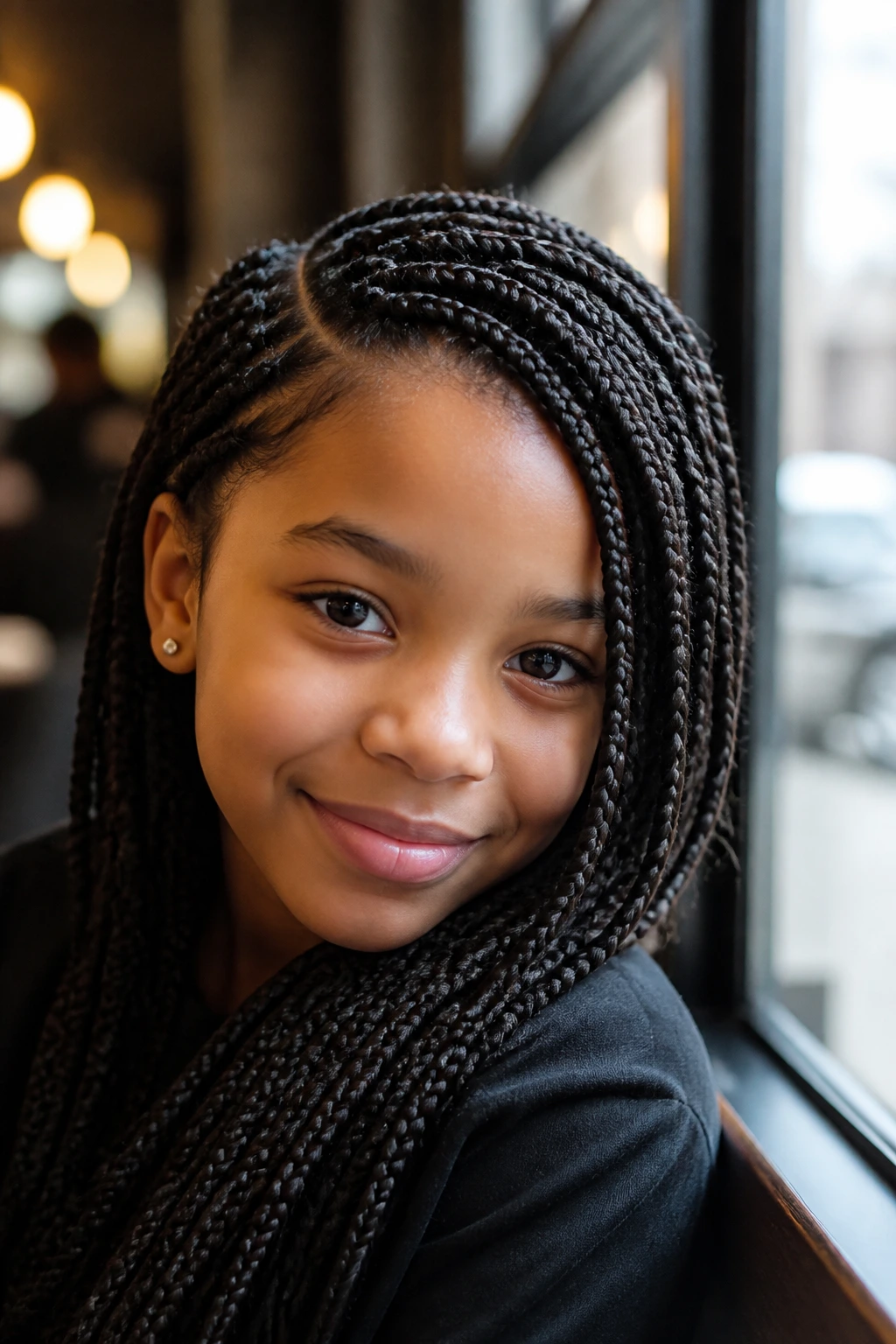 Portrait of a child with side-swept box braids by a cafe window