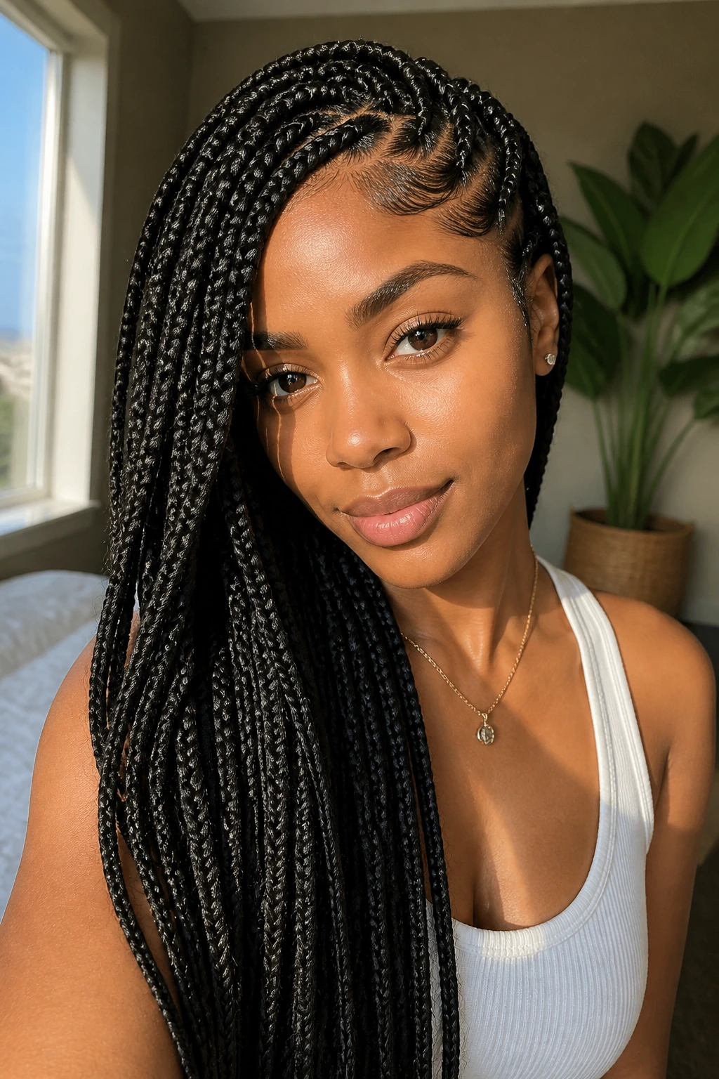 Close-up portrait of a real woman with long side-swept box braids over her shoulder.