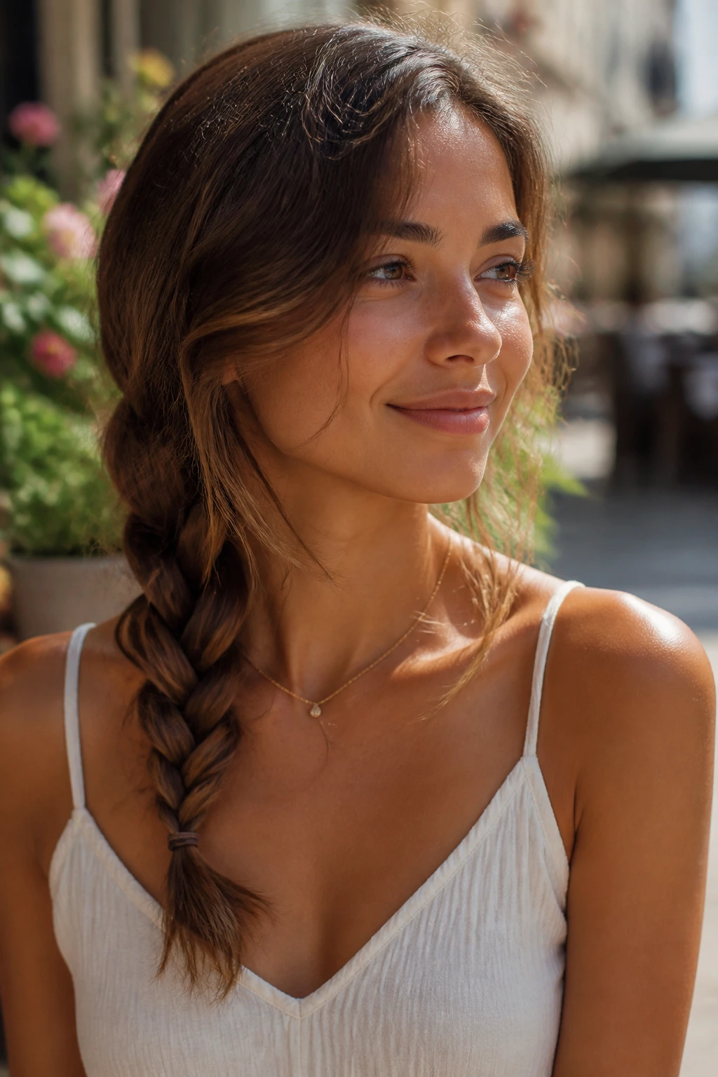 Woman with a side-swept loose braid over her shoulder.