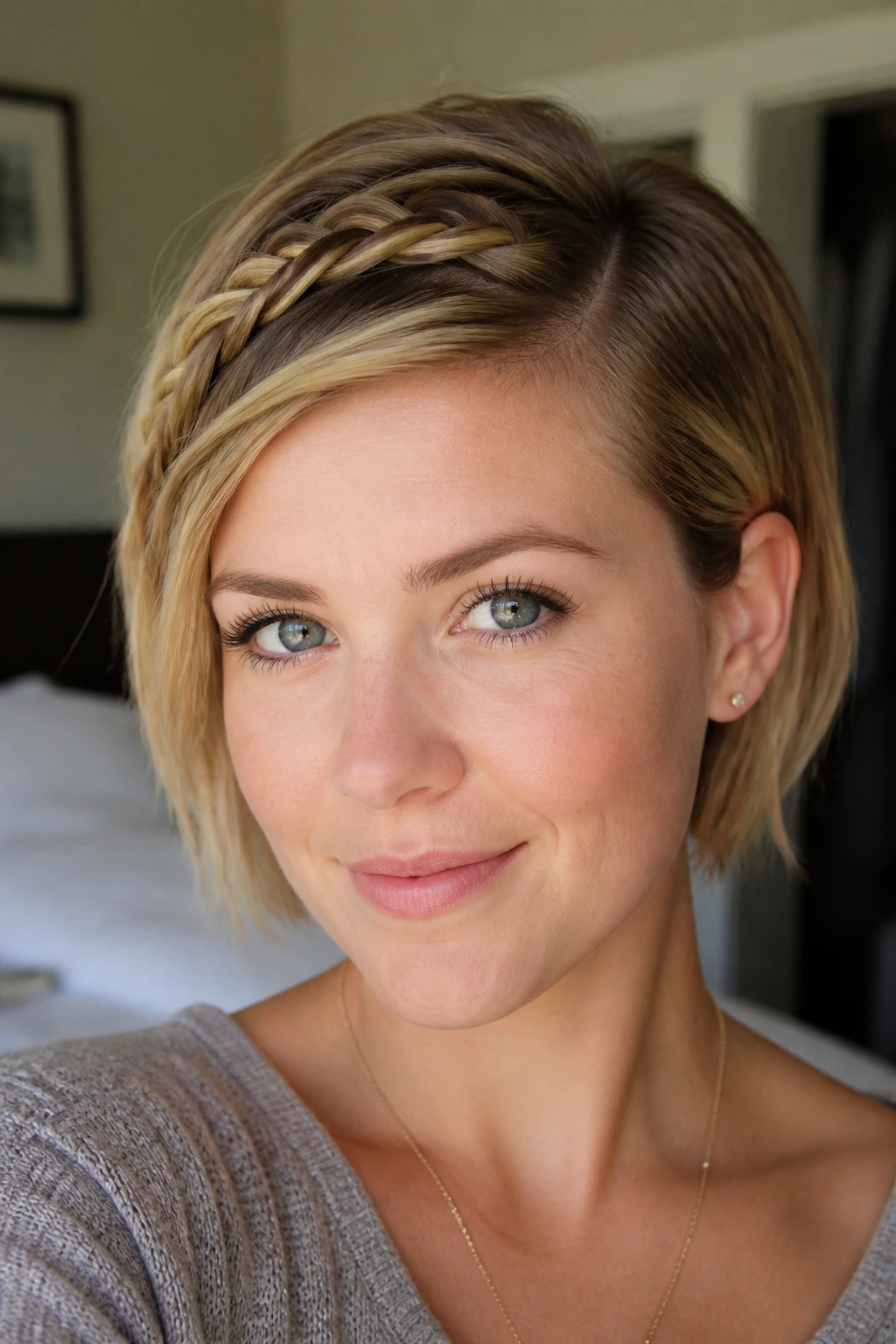 Close-up portrait of side-swept bang French braid on real woman with natural light