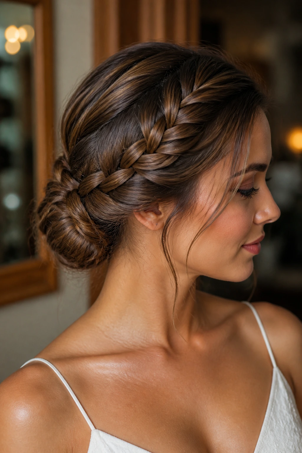 Close-up of a real woman with a side-swept French braid forming a low chignon