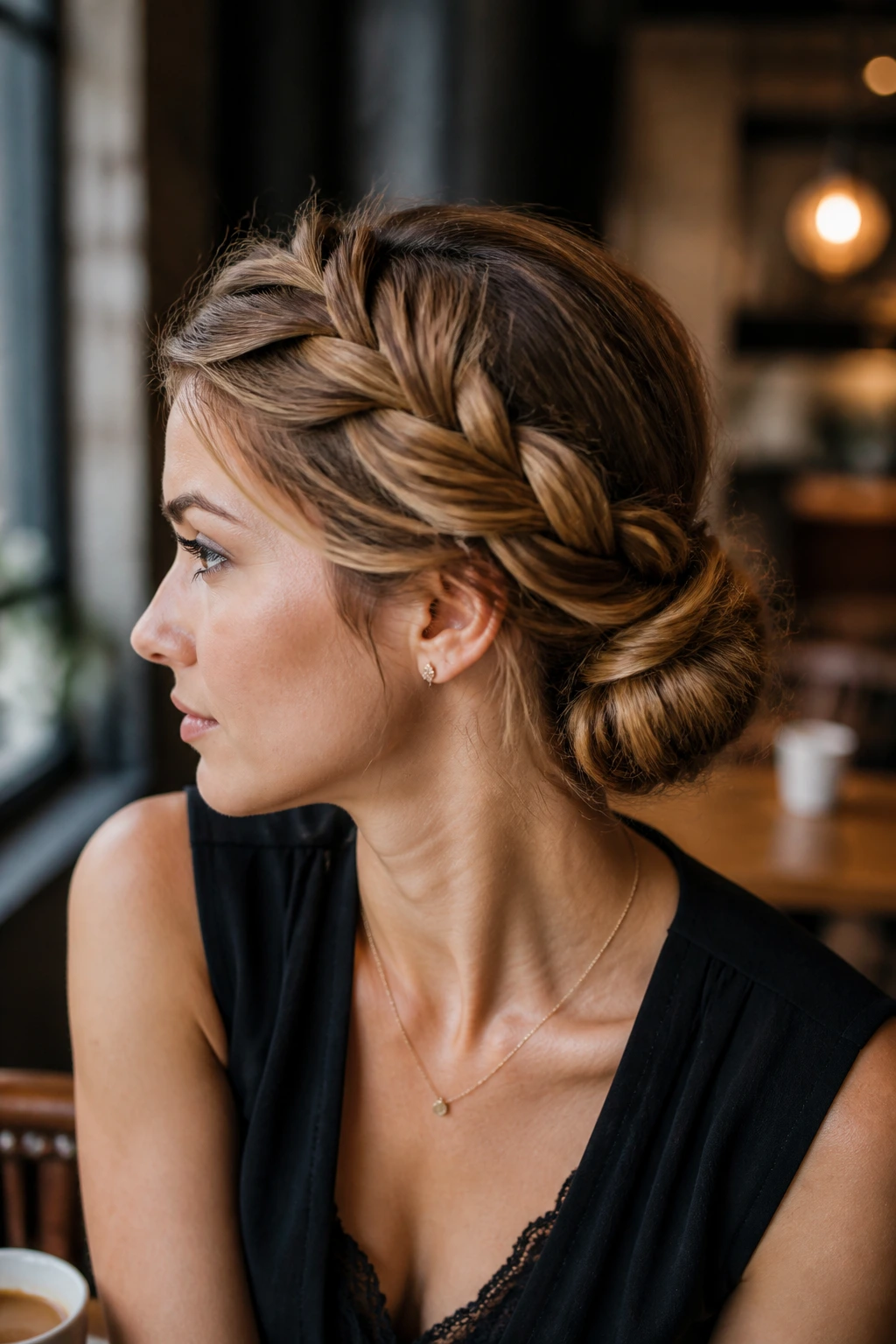 Close-up of a real woman with a side-swept braid transitioning into a chignon