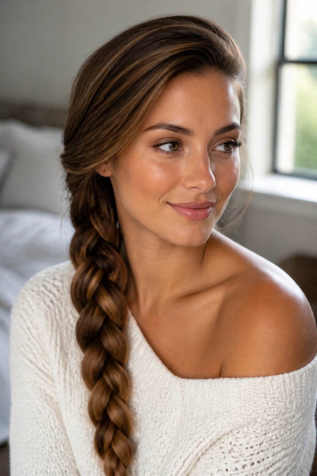 Close-up portrait of a real woman with a side-swept braid over one shoulder under warm window light
