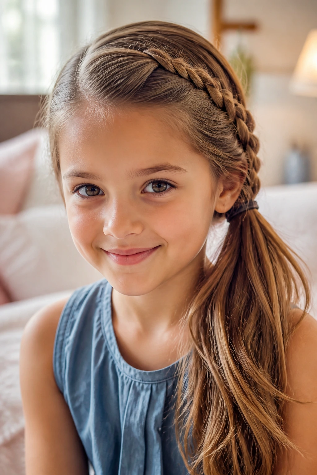 Close-up of a real girl's side-swept braid ponytail with front braid and off-center ponytail, in a bedroom