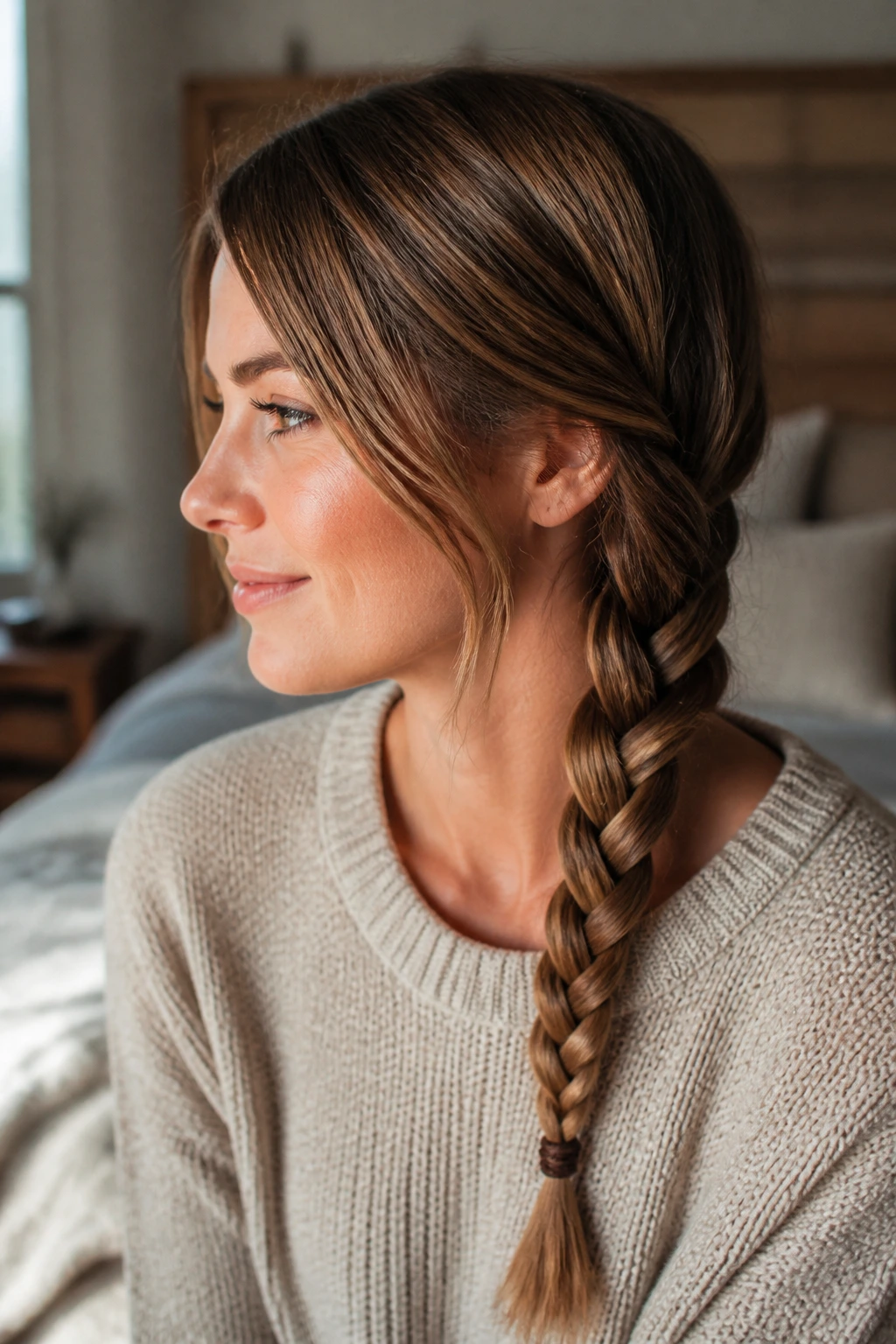 Close-up of a real person with a side-swept three-strand braid on medium-length hair