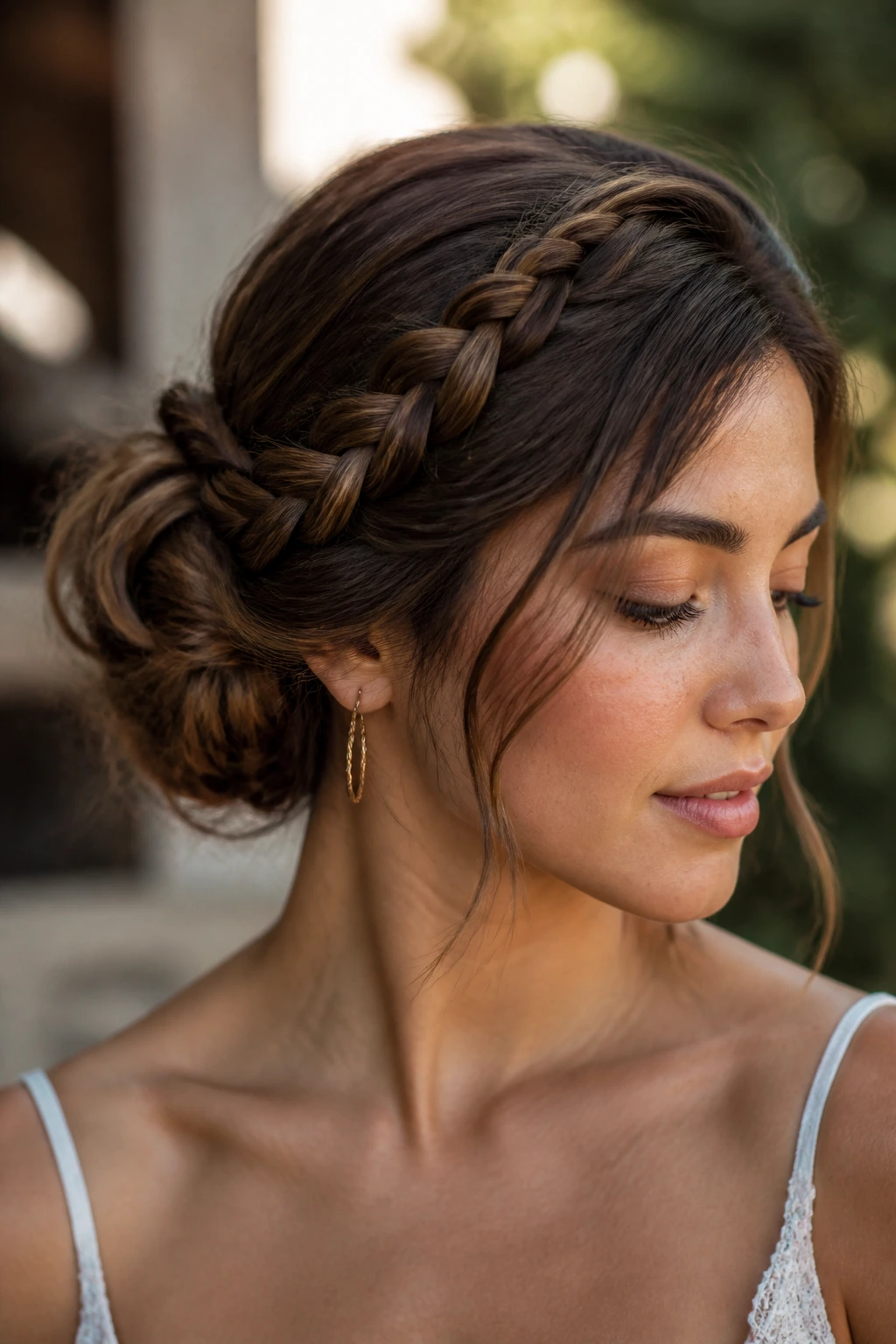 Close-up of real person with a side-swept braided bun.