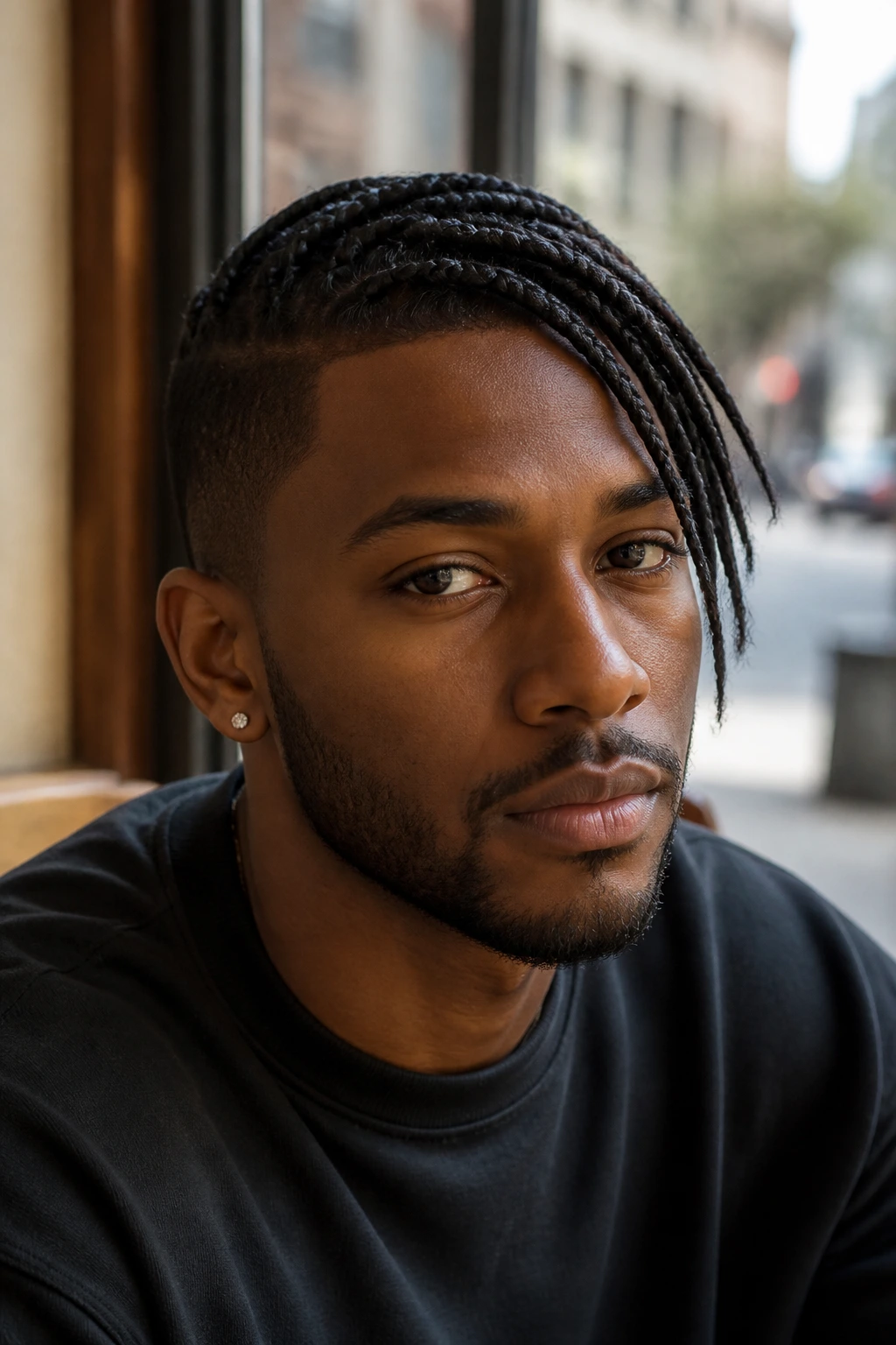 Close-up of a man with side-swept braids softening a strong forehead