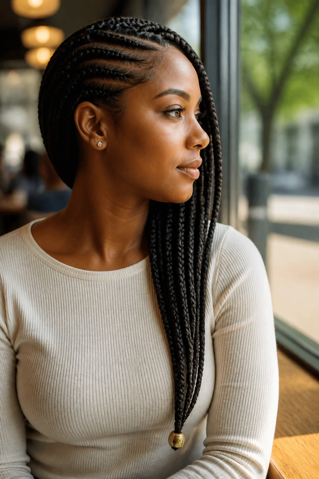 Side-profile of side-swept braids with a single bead finish on a real person.