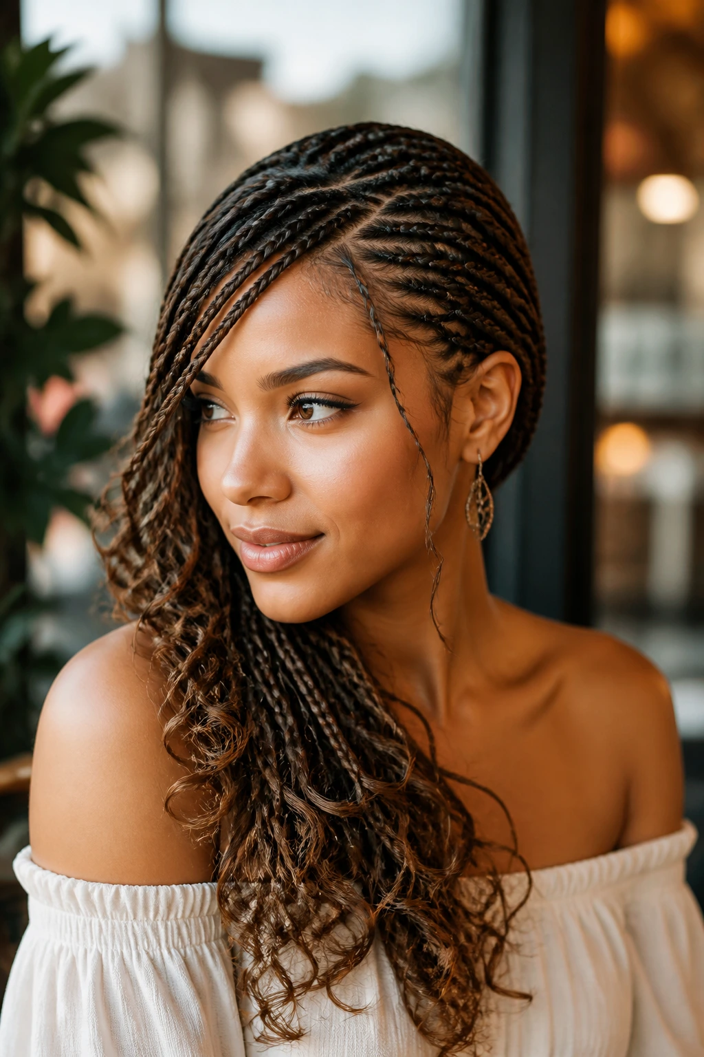 Close-up of a real woman with deep-part side-swept braids
