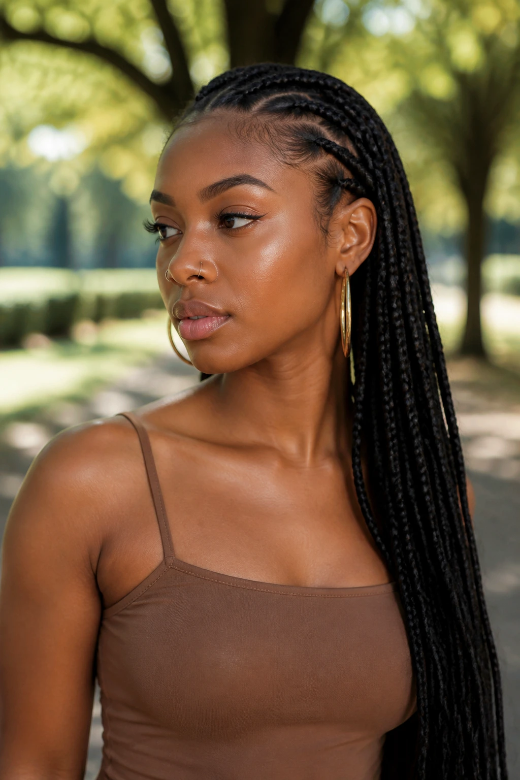 Portrait of a woman with side-swept braids outdoors