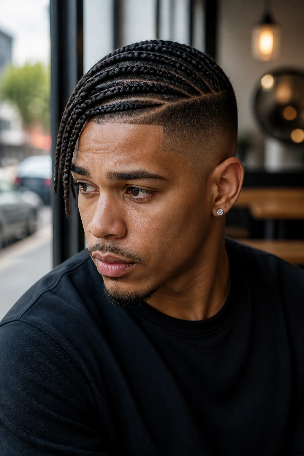 Man with side-swept braids in a cafe setting.