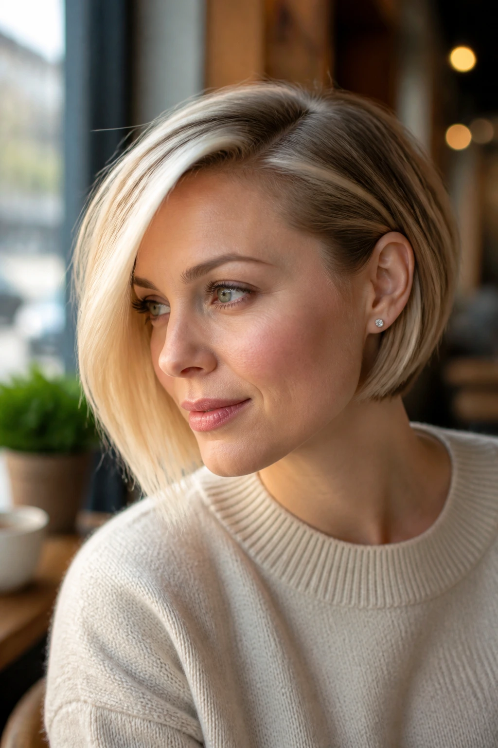 Close-up of a real woman with side-swept tucked bob and bright burst