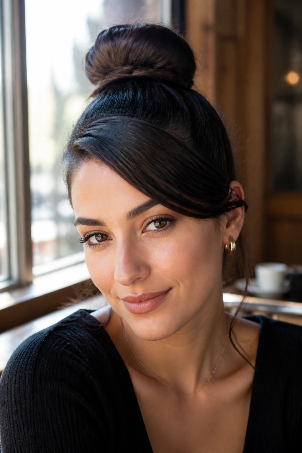 Real woman with side-swept front bun close-up