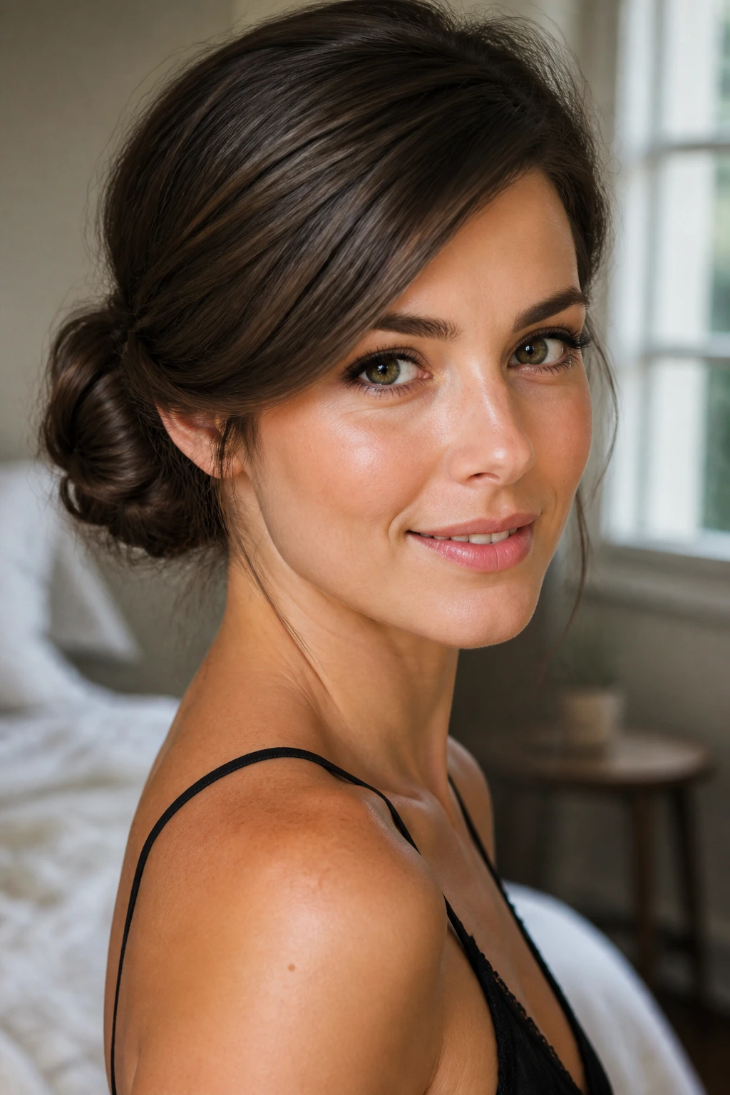 Close-up portrait of a real woman with a side-swept bun behind one ear
