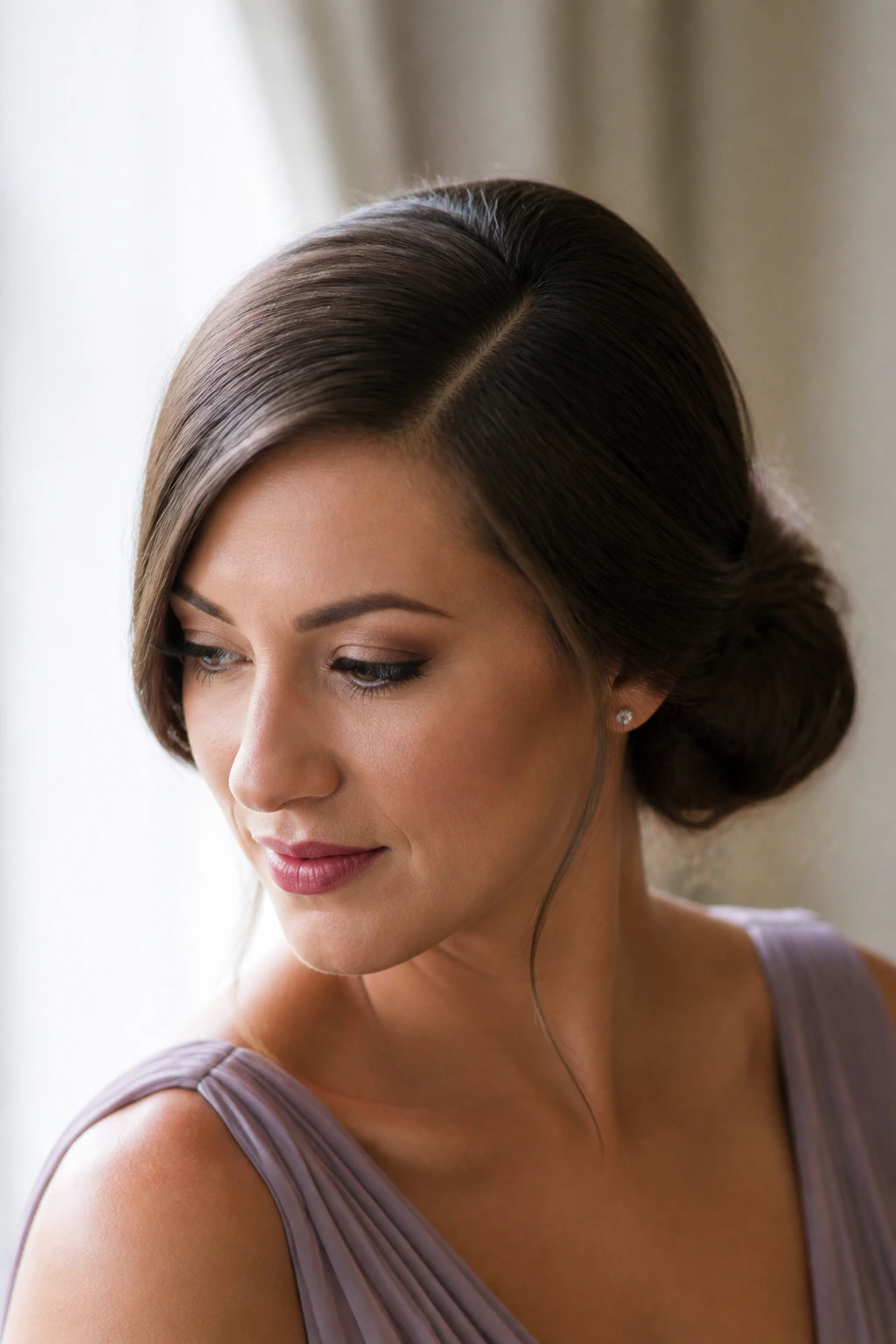 Real woman with side-swept low bun deep part in window light