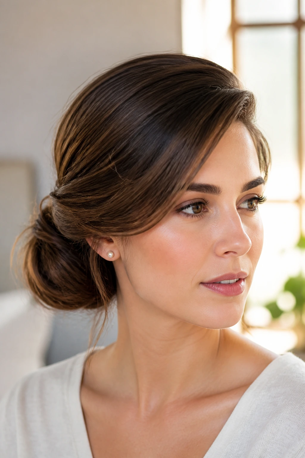 Real woman with a side-swept bun and gentle lift in a softly lit room.