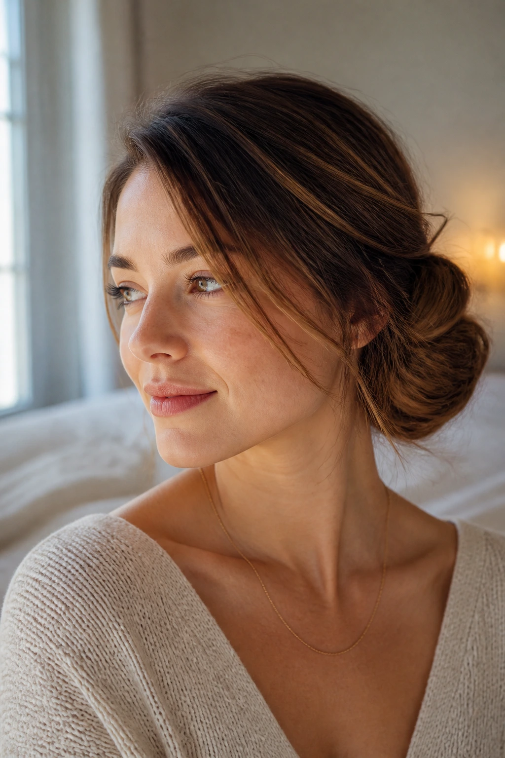 Close-up of a real woman with a side-swept chignon behind the ear in soft window light