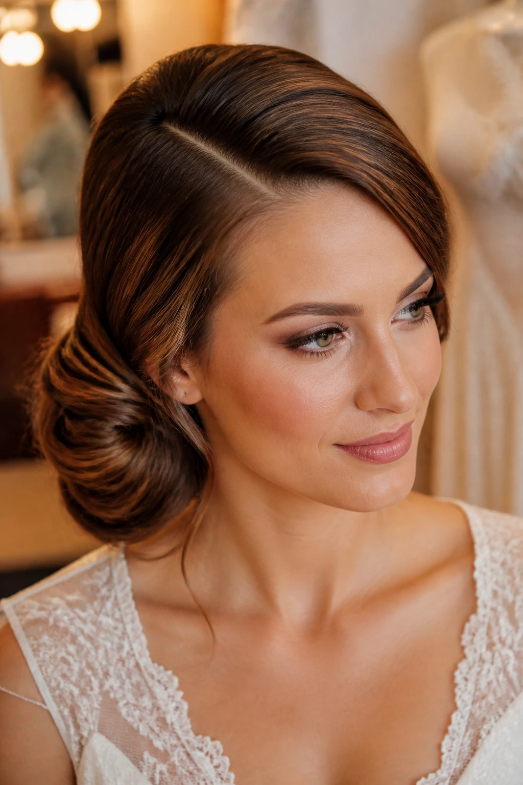 Bride with side-swept bun and deep part.