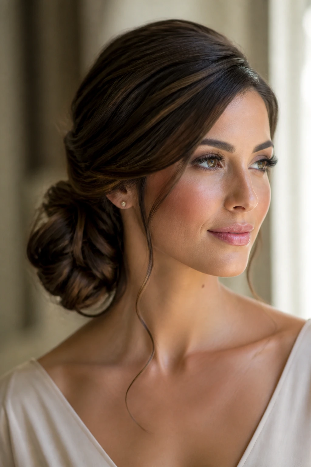 Close-up of side-swept bun with ear piece on real person