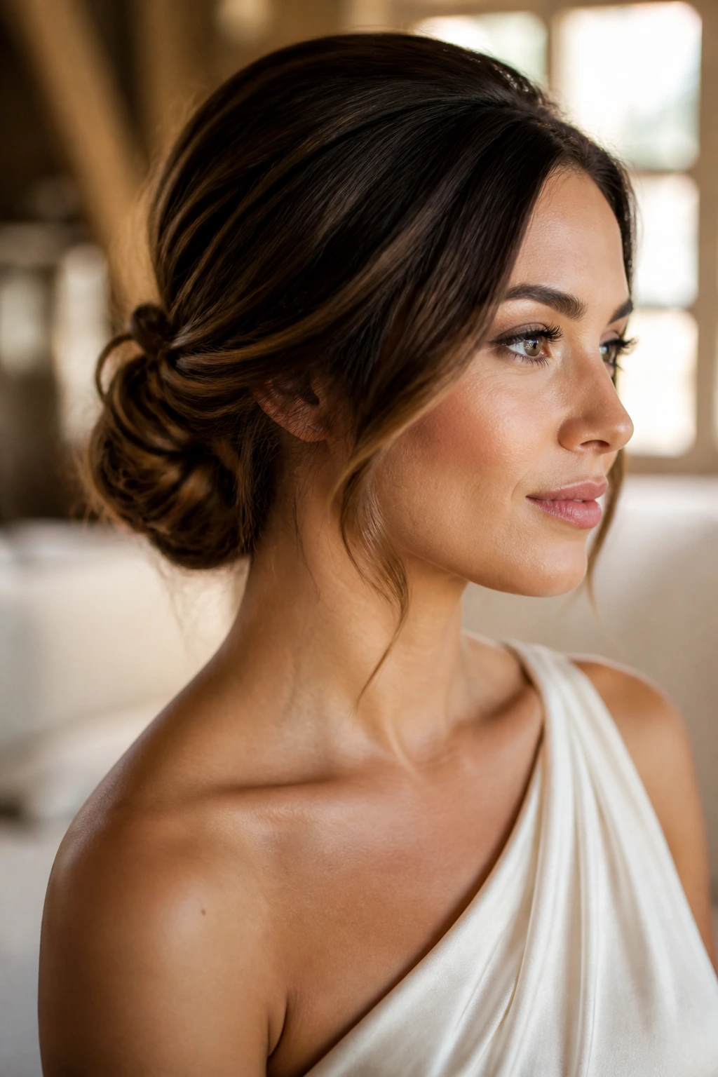 Portrait of a real woman with a side-swept bun