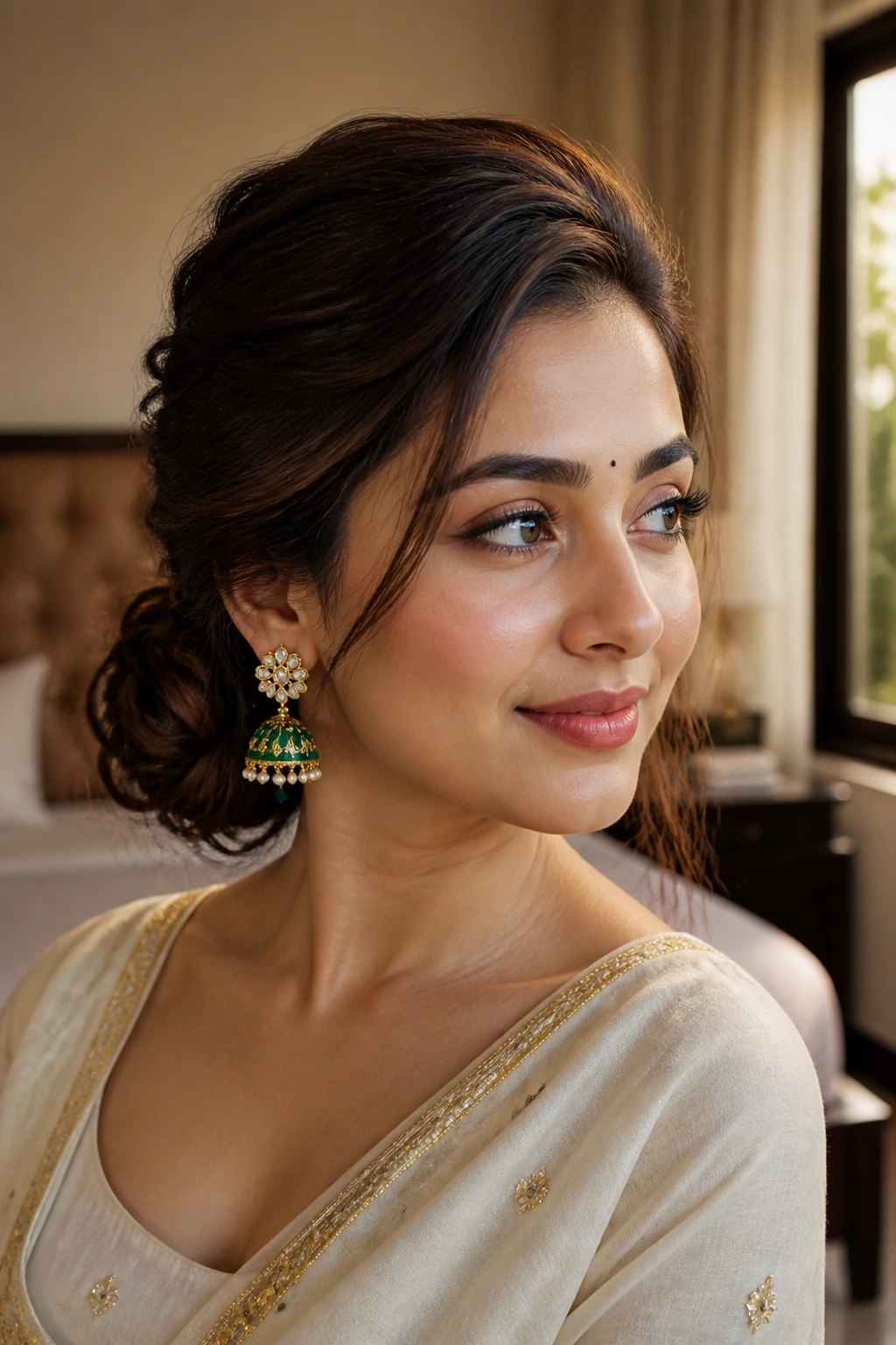 Close-up portrait of a real woman with side-swept bun and jhumka earrings in soft window light