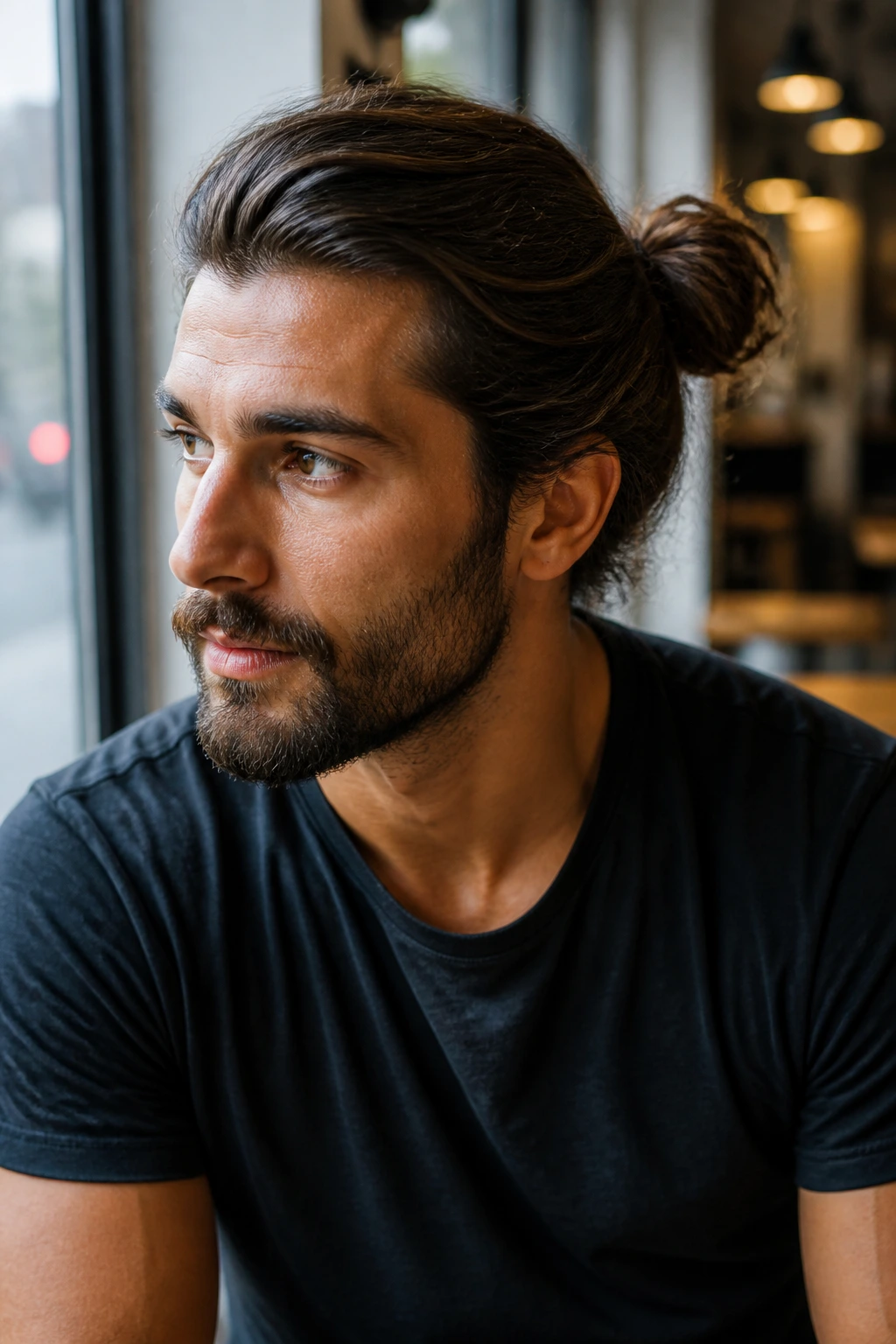 Three-quarter portrait of a man with a side-swept off-center bun