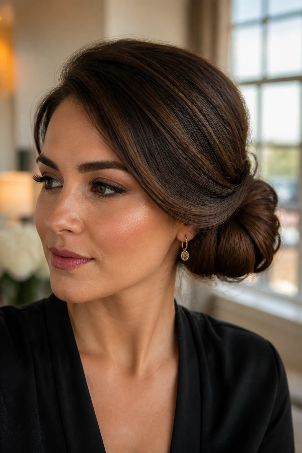 Close-up portrait of a real woman with a side-swept bun near the ear.