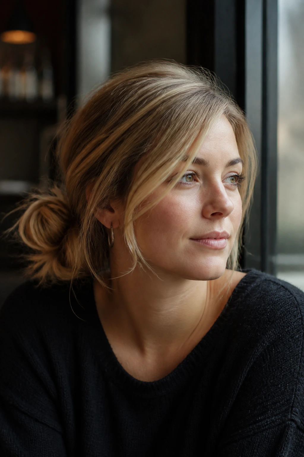 Close-up of side-swept messy bun on a real woman with off-center knot