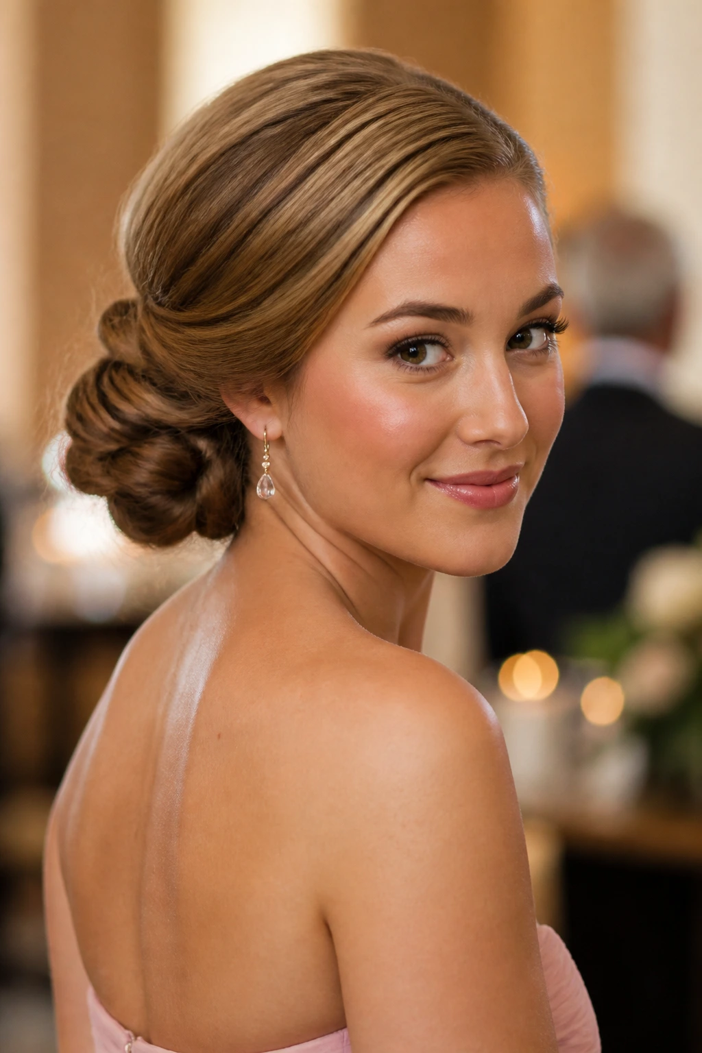 Portrait of a woman with a side-swept rolled bun off-center at the nape