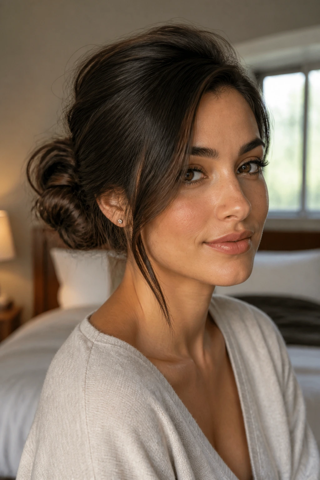 Close-up portrait of a woman with a side-swept bun behind the ear in soft window light