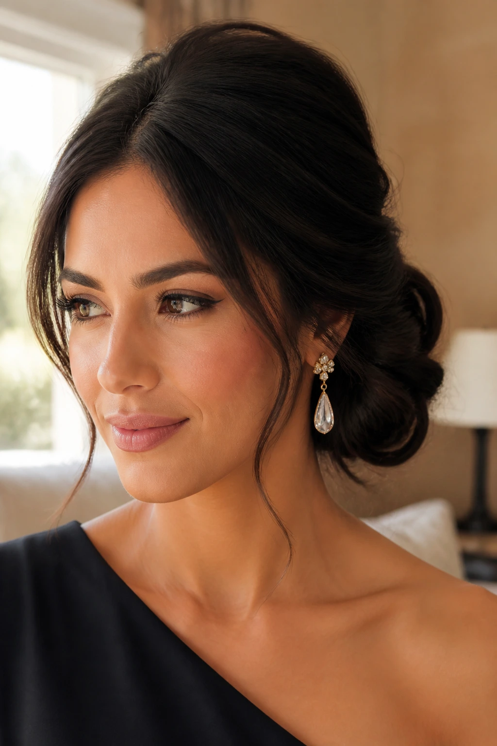 Close-up portrait of a woman with a side swept bun in natural daylight