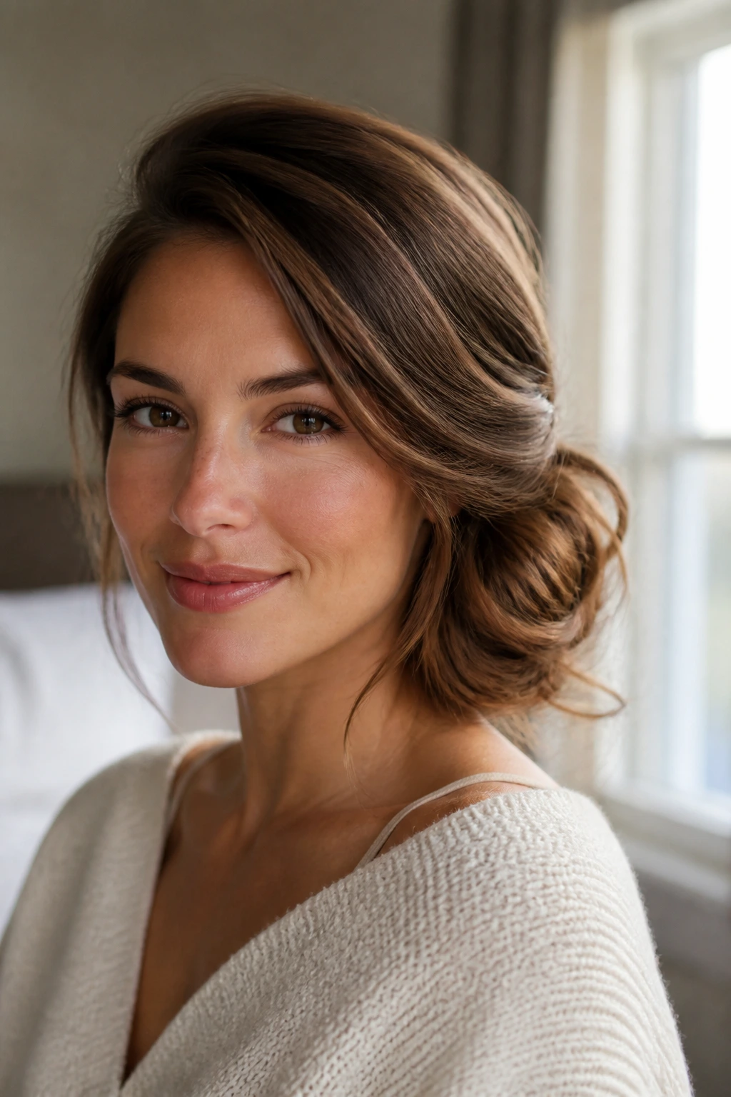 Close-up portrait of a real woman with an off-center side-swept bun under warm window light