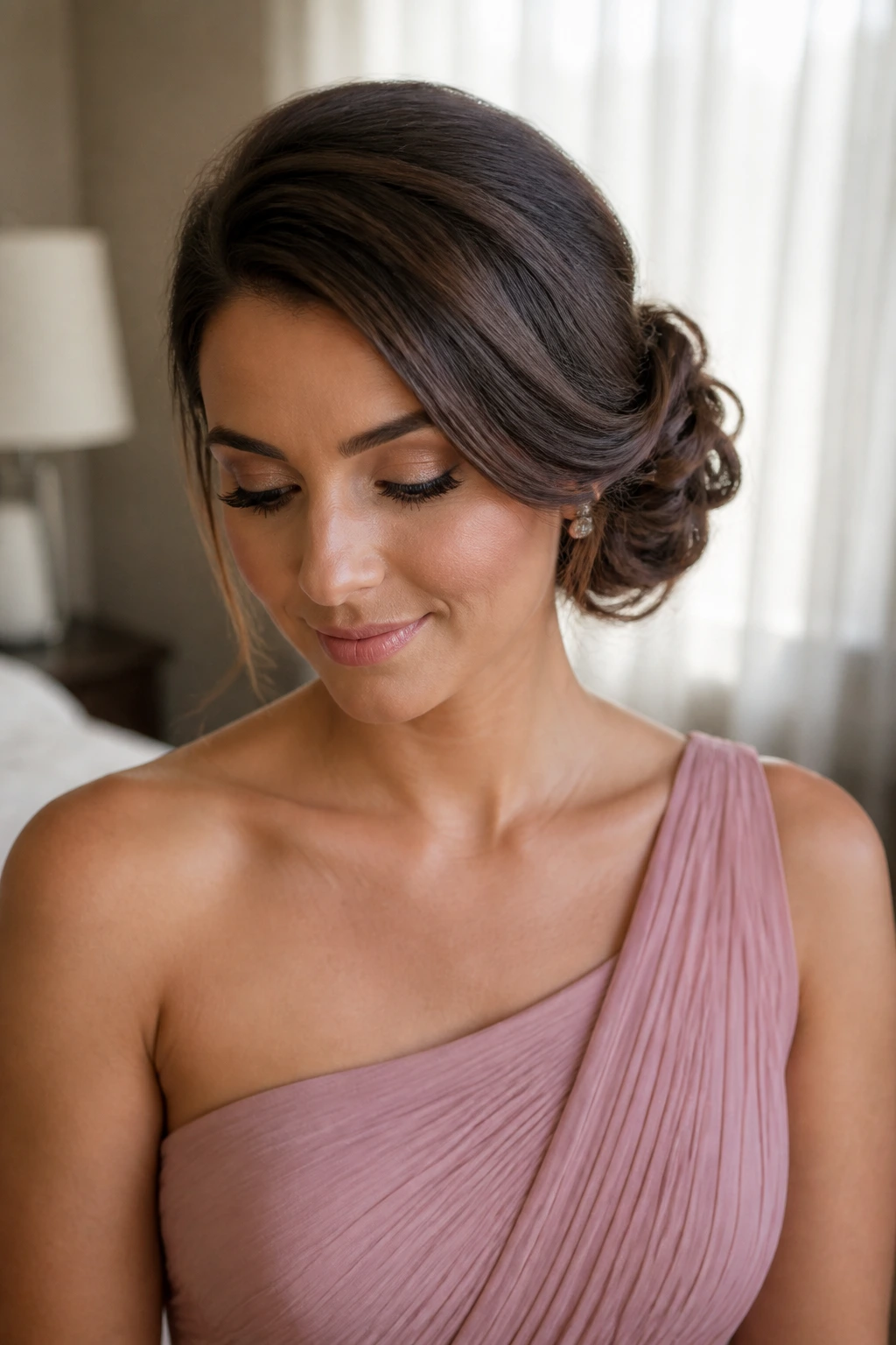 Close-up portrait of a real woman with a side-swept romantic bun under soft light