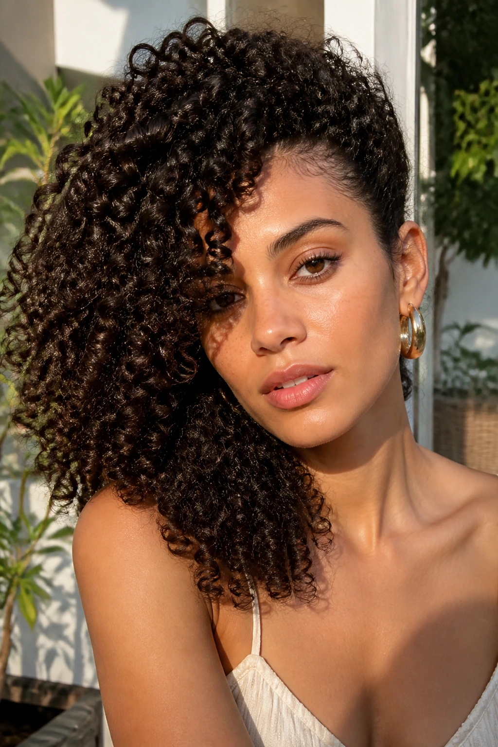 Close-up of a real woman with a side-swept dense 3b curl cascade