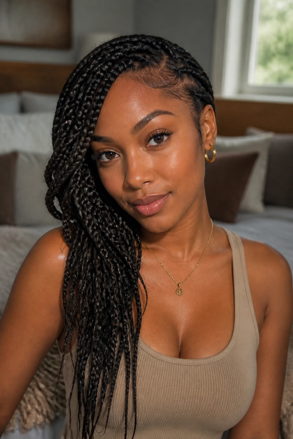 Real person with side-swept cascade box braids in a romantic bedroom setting.