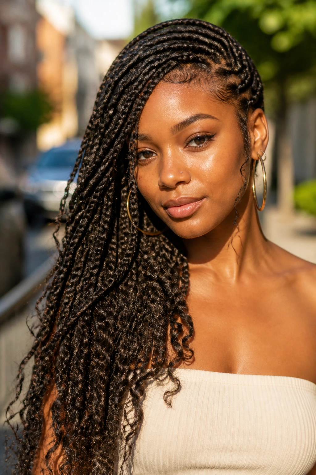 Portrait of a woman with side-swept cascade braids over one shoulder