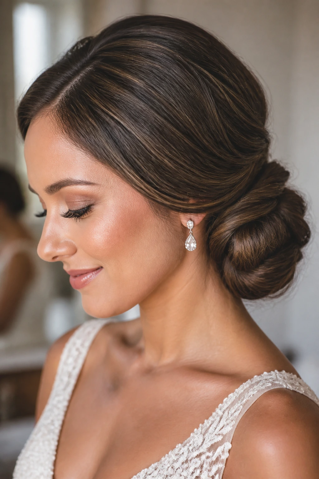 Close-up of a bride's side-swept chignon at the nape with soft part