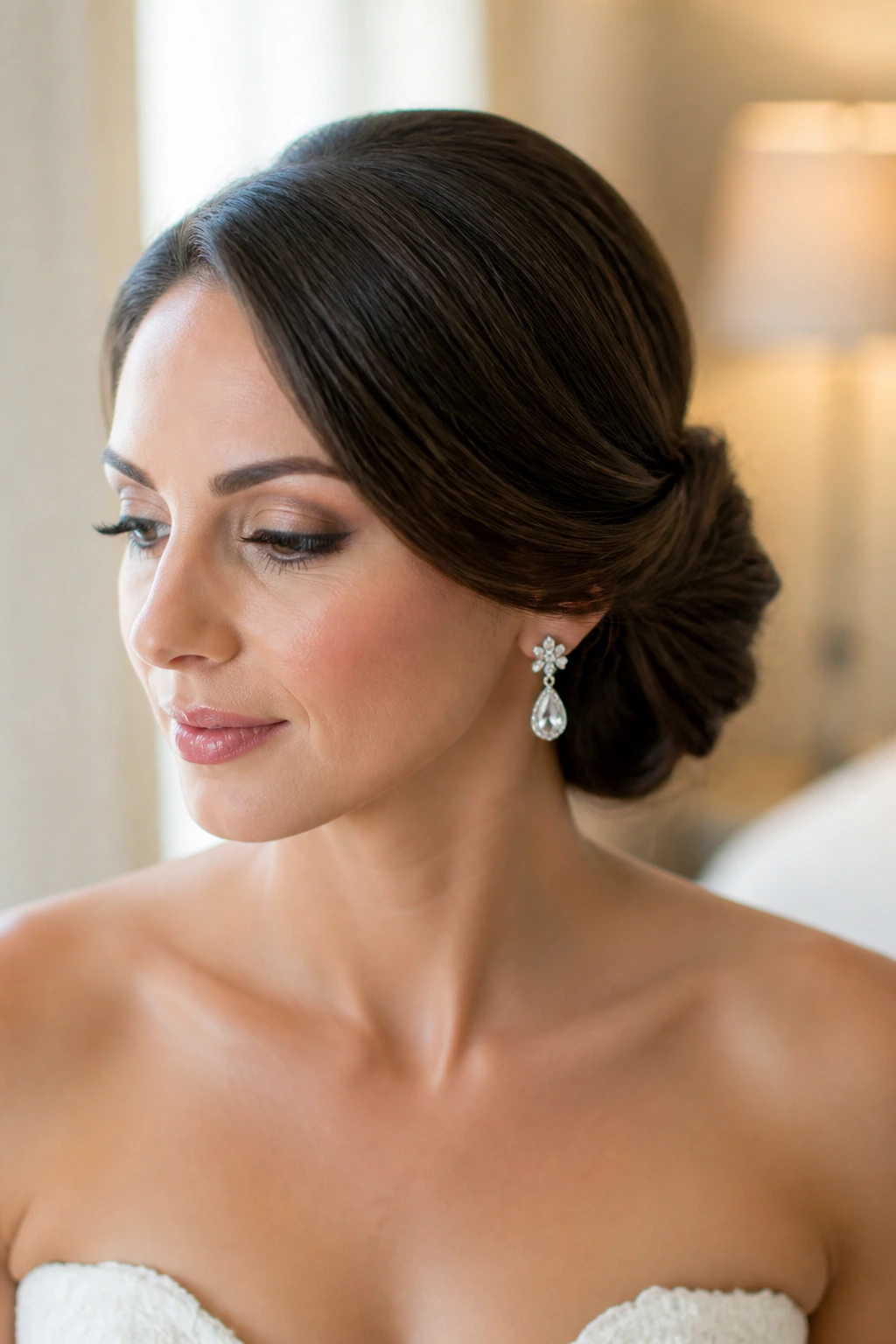 Close-up of a real bride with a deep side-part and a tucked chignon behind the ear.