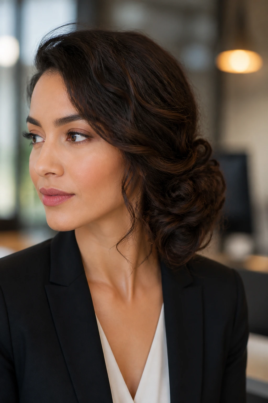 Portrait of a real woman wearing a side-swept low chignon.