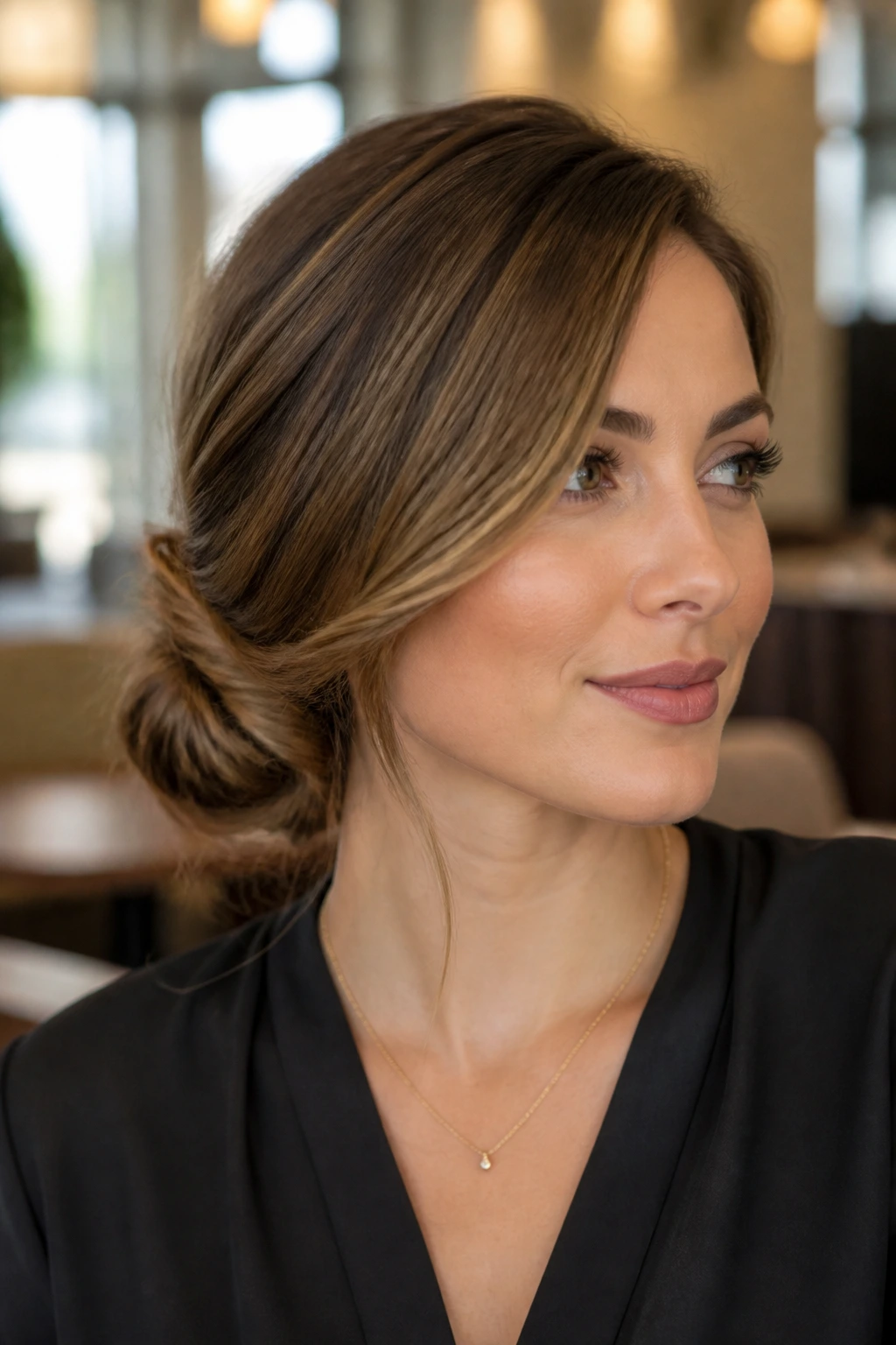 Close-up portrait of a real woman with a side-swept chignon