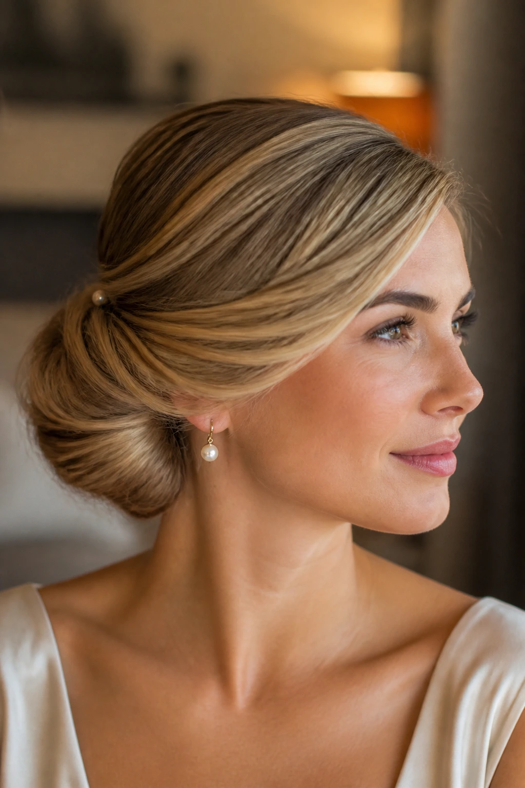 Close-up of a side-swept chignon hairstyle on a real person