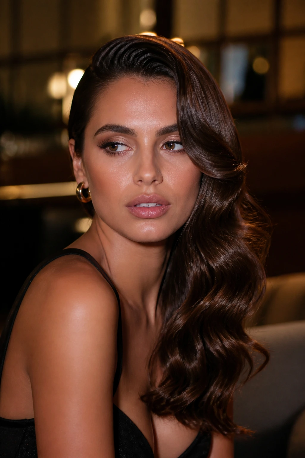 Close-up of a real person with side-swept cinema waves over one shoulder