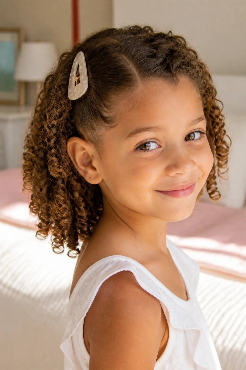 Close-up of real girl with side-swept hair secured by a barrette