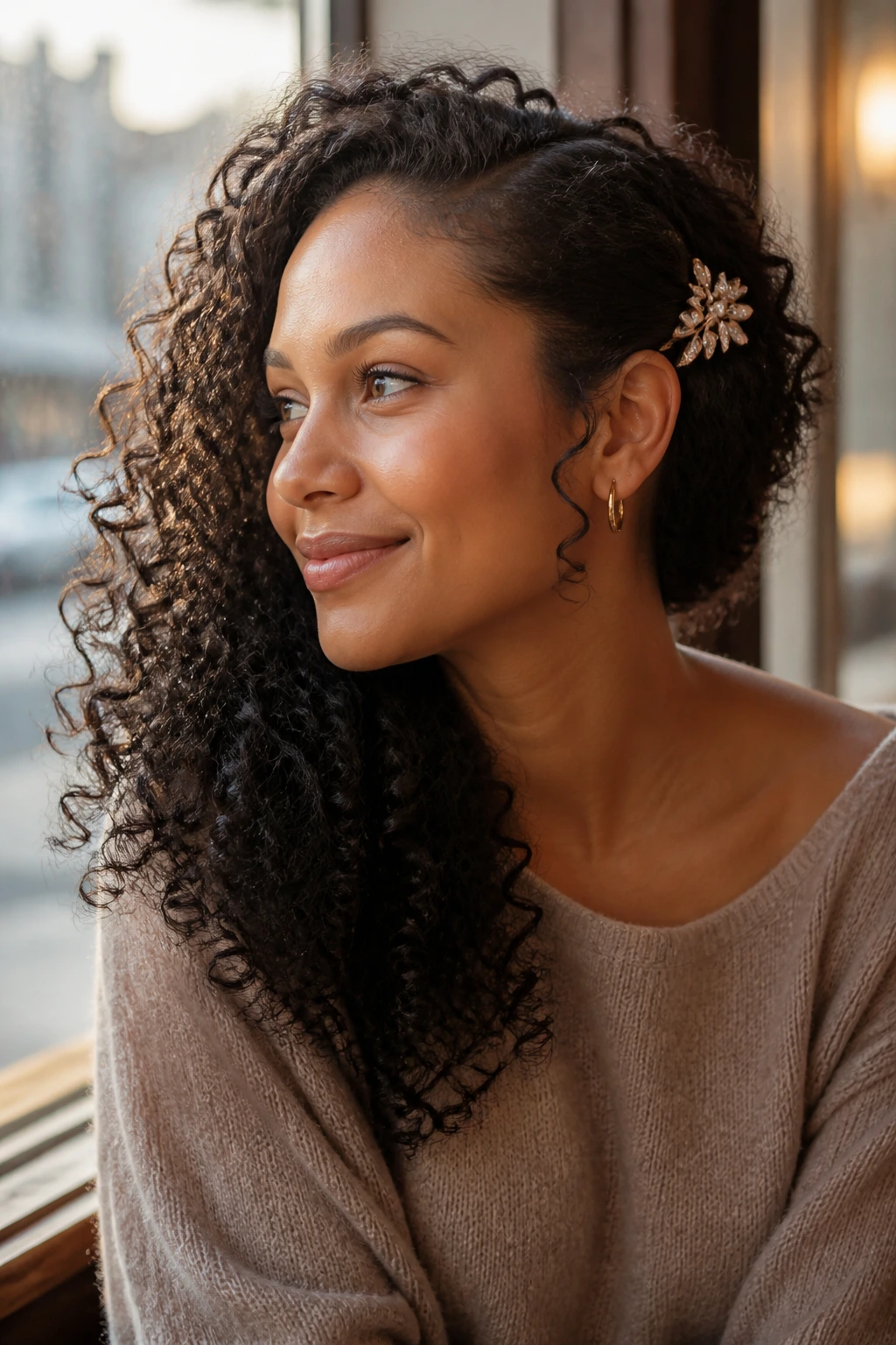 Close-up of a real woman with a side-swept clip-back hairstyle