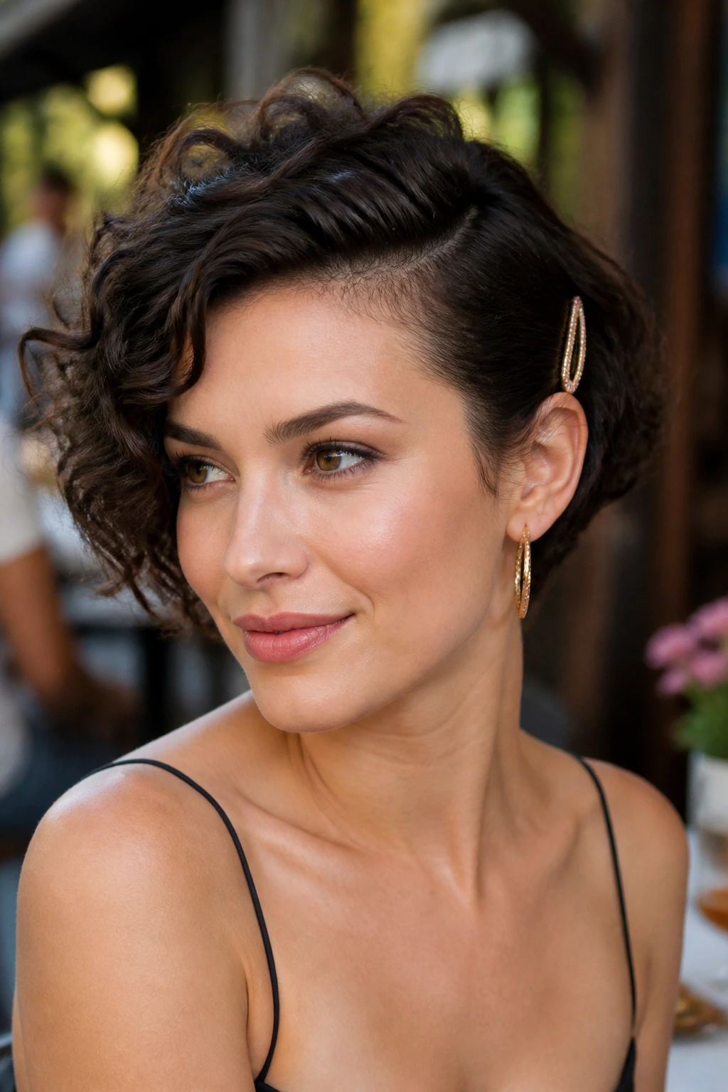 Close-up portrait of a real person with side-swept clip-back hairstyle in daylight