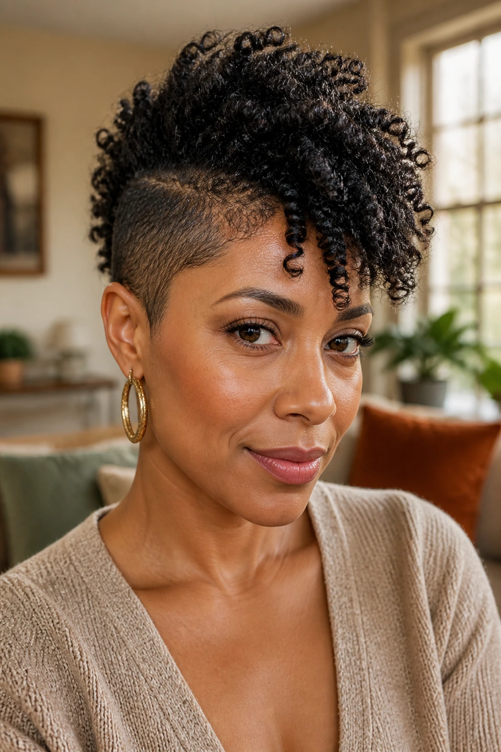 Close-up portrait of a real person with Side-Swept Coily Hawk showing diagonally swept curls